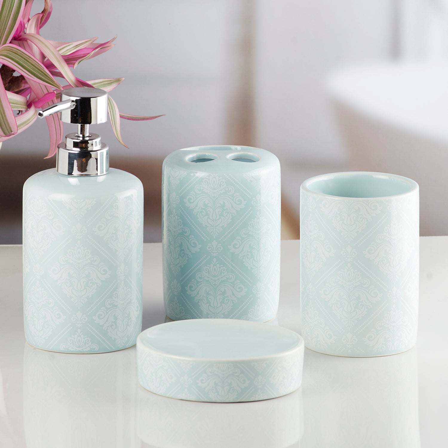 Ceramic Bathroom Accessories Set of 4 with Soap Dispenser (8217)