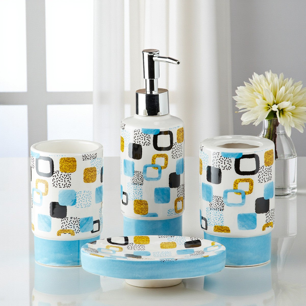 Ceramic Bathroom Set of 4 with Soap Dispenser (8222)