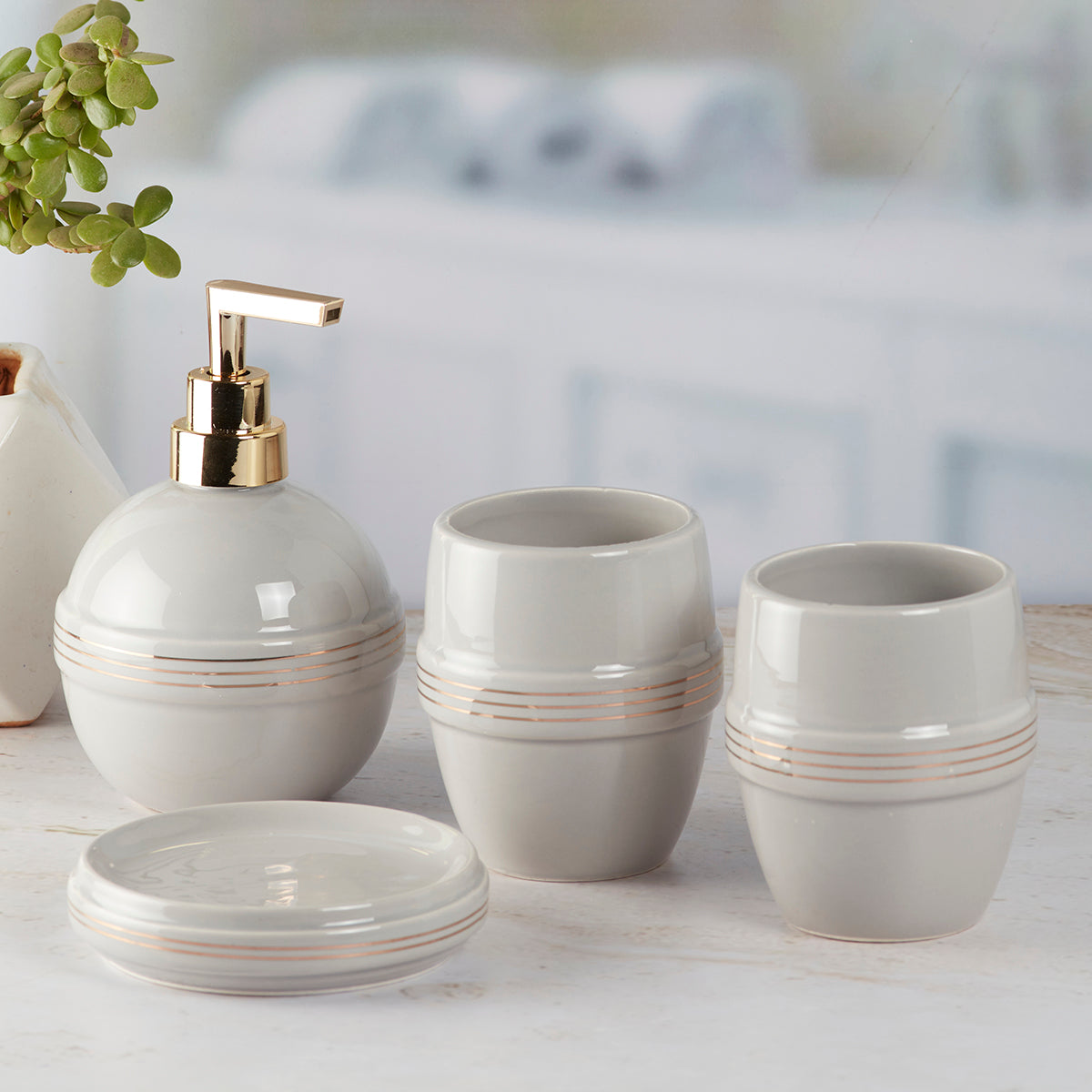 Ceramic Bathroom Accessories Set of 4 with Soap Dispenser (8224)