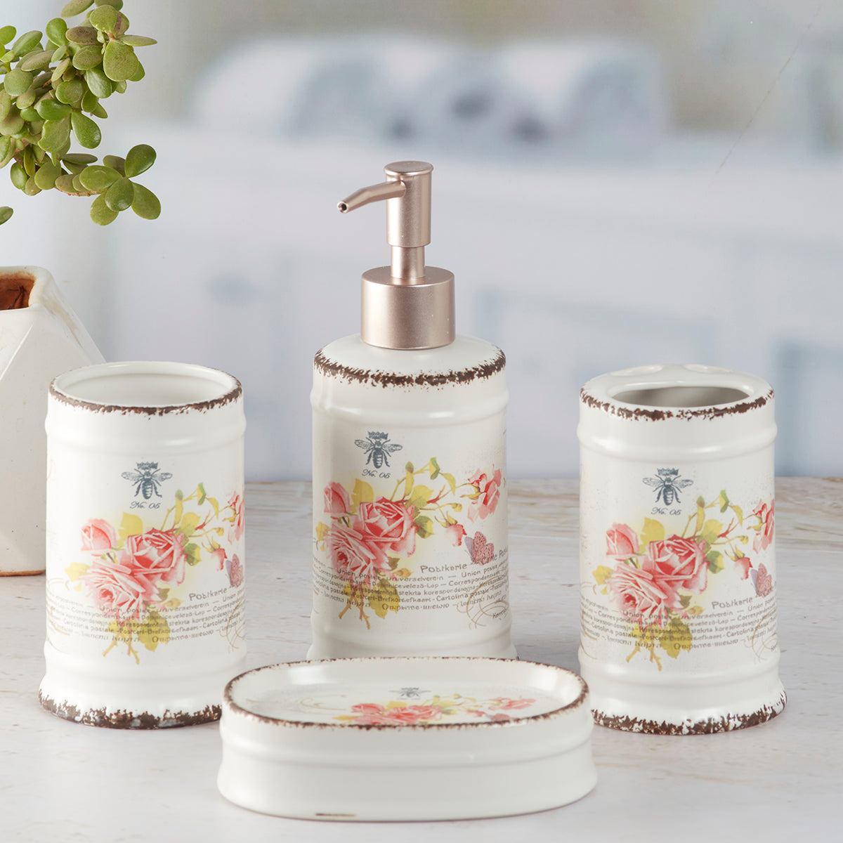Ceramic Bathroom Accessories Set of 4 Bath Set with Soap Dispenser (10105)