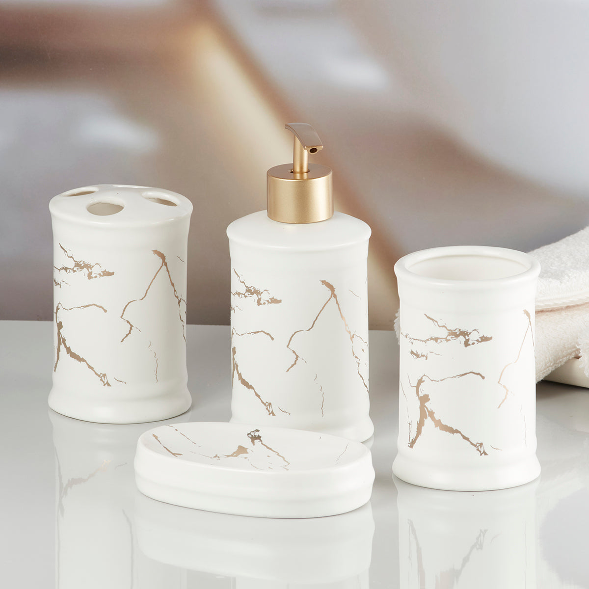 Ceramic Bathroom Accessories Set of 4 with Soap Dispenser (8226)