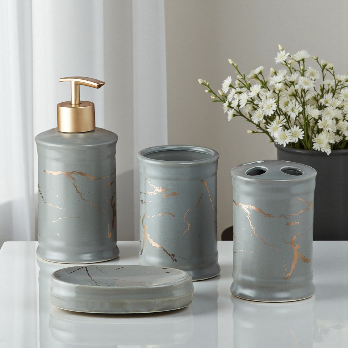 Ceramic Bathroom Accessories Set of 4 with Soap Dispenser (8227)