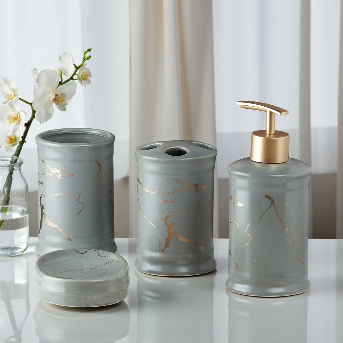 Ceramic Bathroom Accessories Set of 4 with Soap Dispenser (8227)