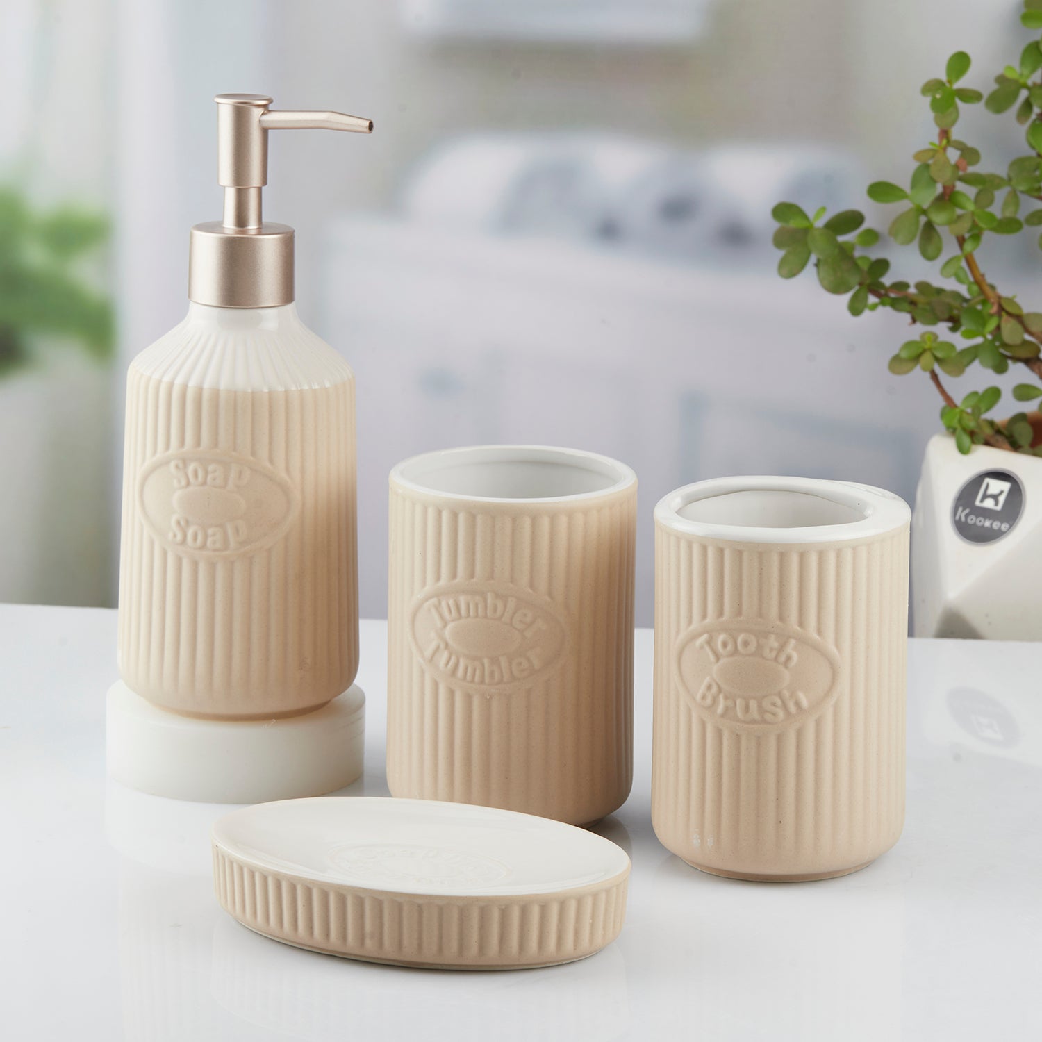 Ceramic Bathroom Set of 4 with Soap Dispenser (8236)