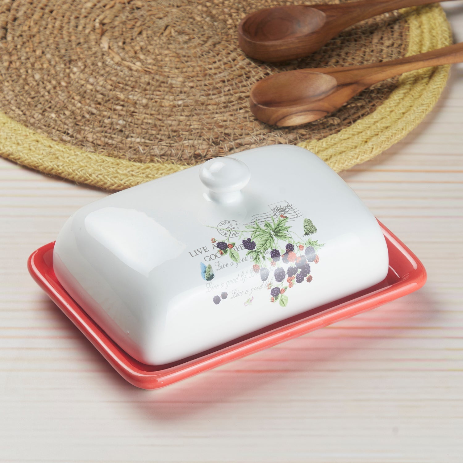 Kookee Ceramic Butter Dish Tray with Lid with 250g capacity for Kitchen, Dining Table & Restaurants (8355)