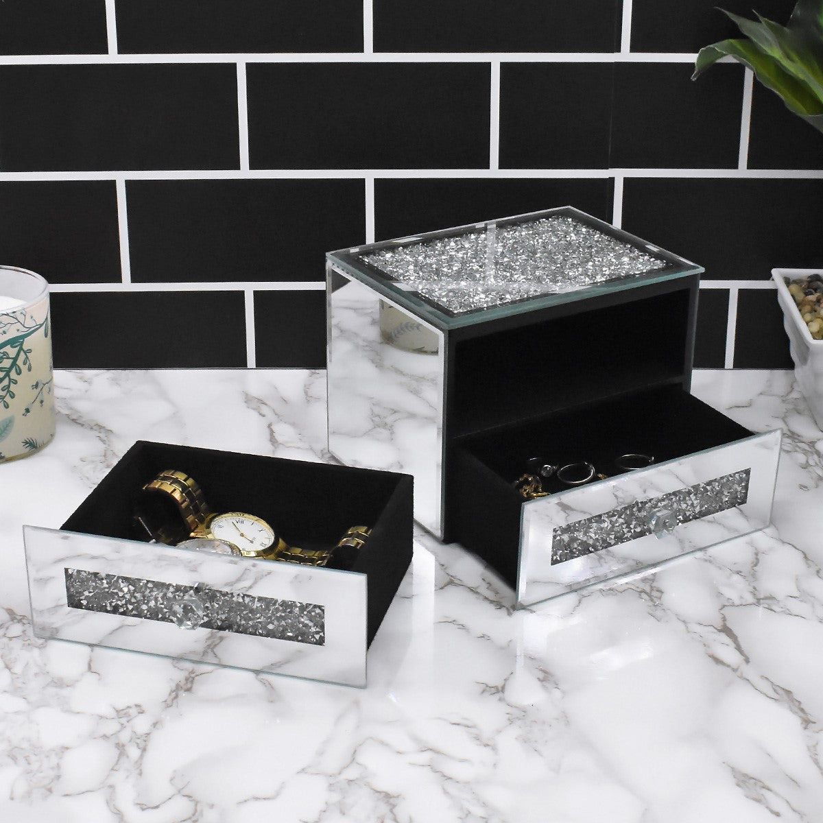 Kookee Mirror GLASS DOUBLE DECK STORAGE BOX SILVER