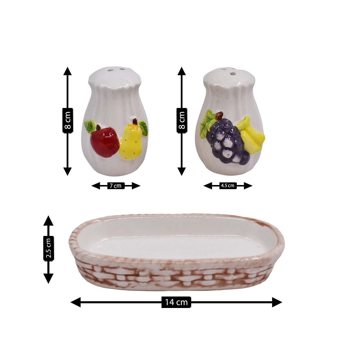 Ceramic Salt and Pepper Set with tray, Fruits Design, White