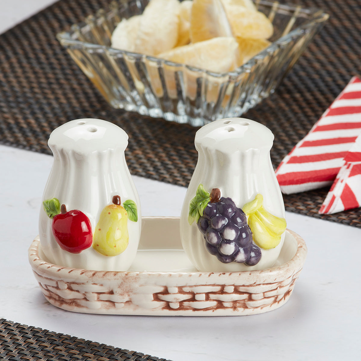 Ceramic Salt and Pepper Set with tray, Fruits Design, White