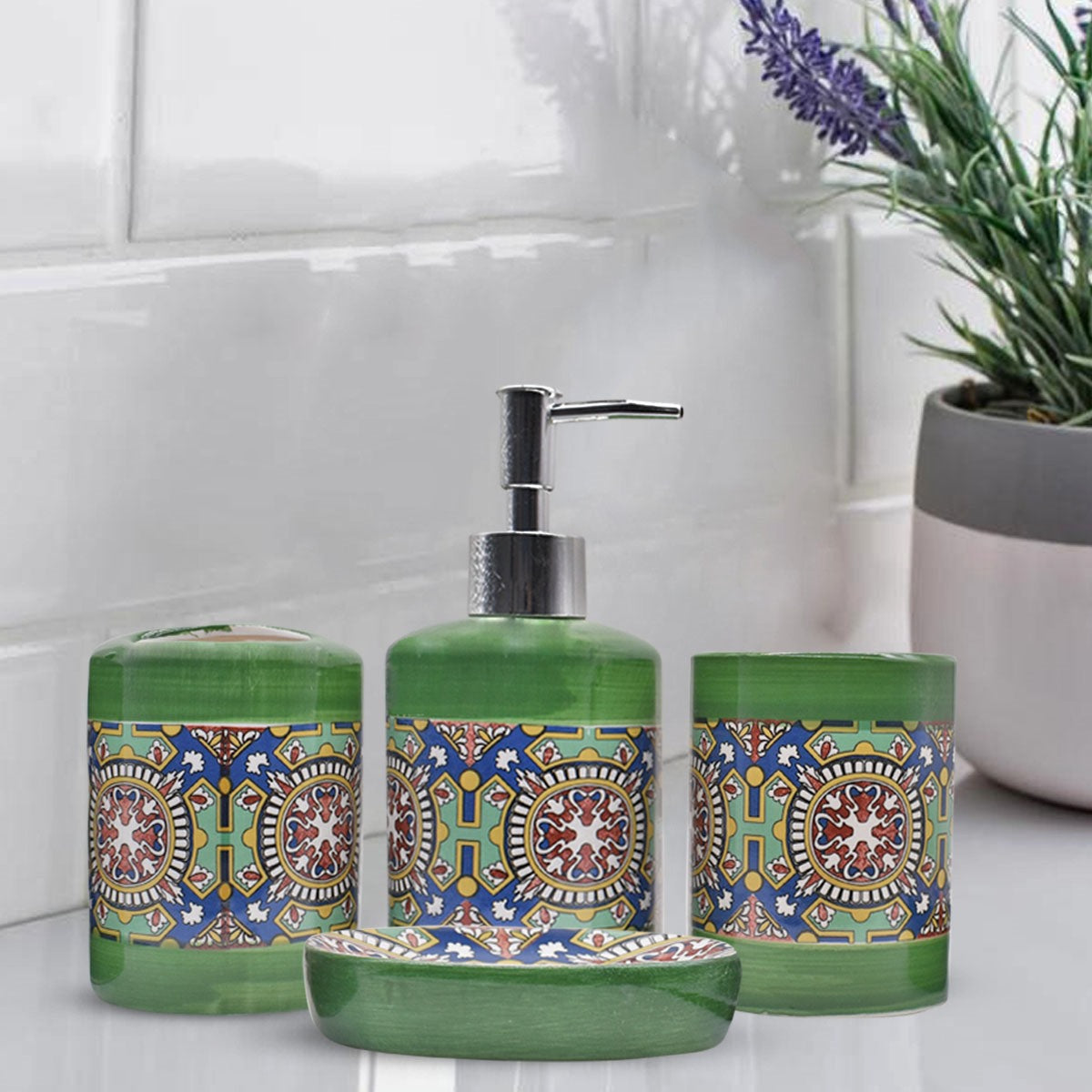 Ceramic Bathroom Accessories Set of 4, Modern Bath Set with Liquid handwash Soap Dispenser and Toothbrush holder, Luxury Gift Accessory for Home (8473)