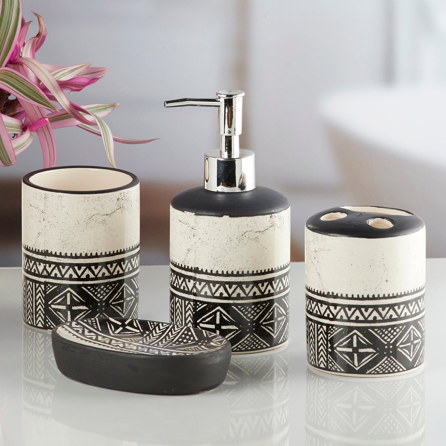 Ceramic Bathroom Accessories Set of 4 with Soap Dispenser (8474)