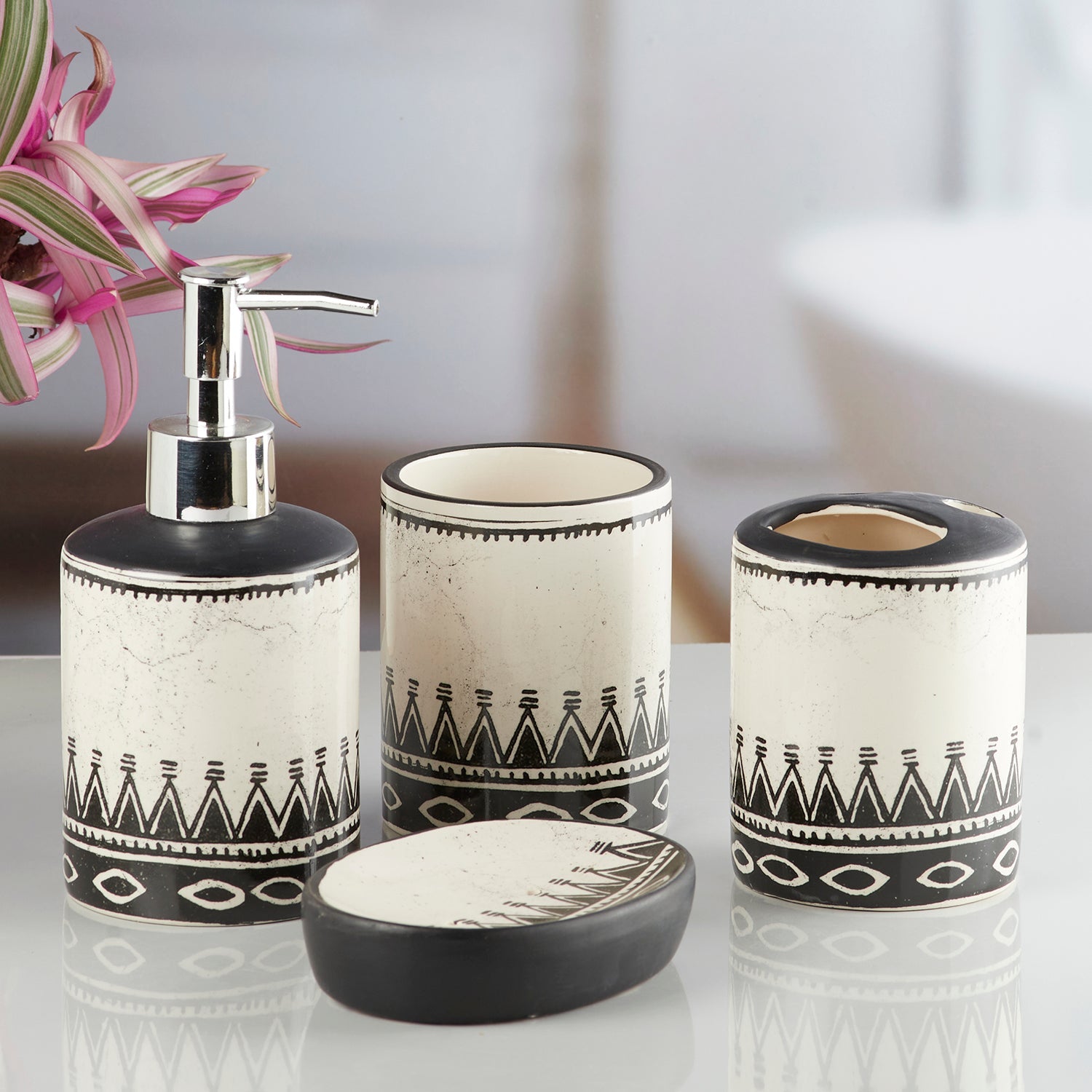 Ceramic Bathroom Accessories Set of 4 with Soap Dispenser (8474)