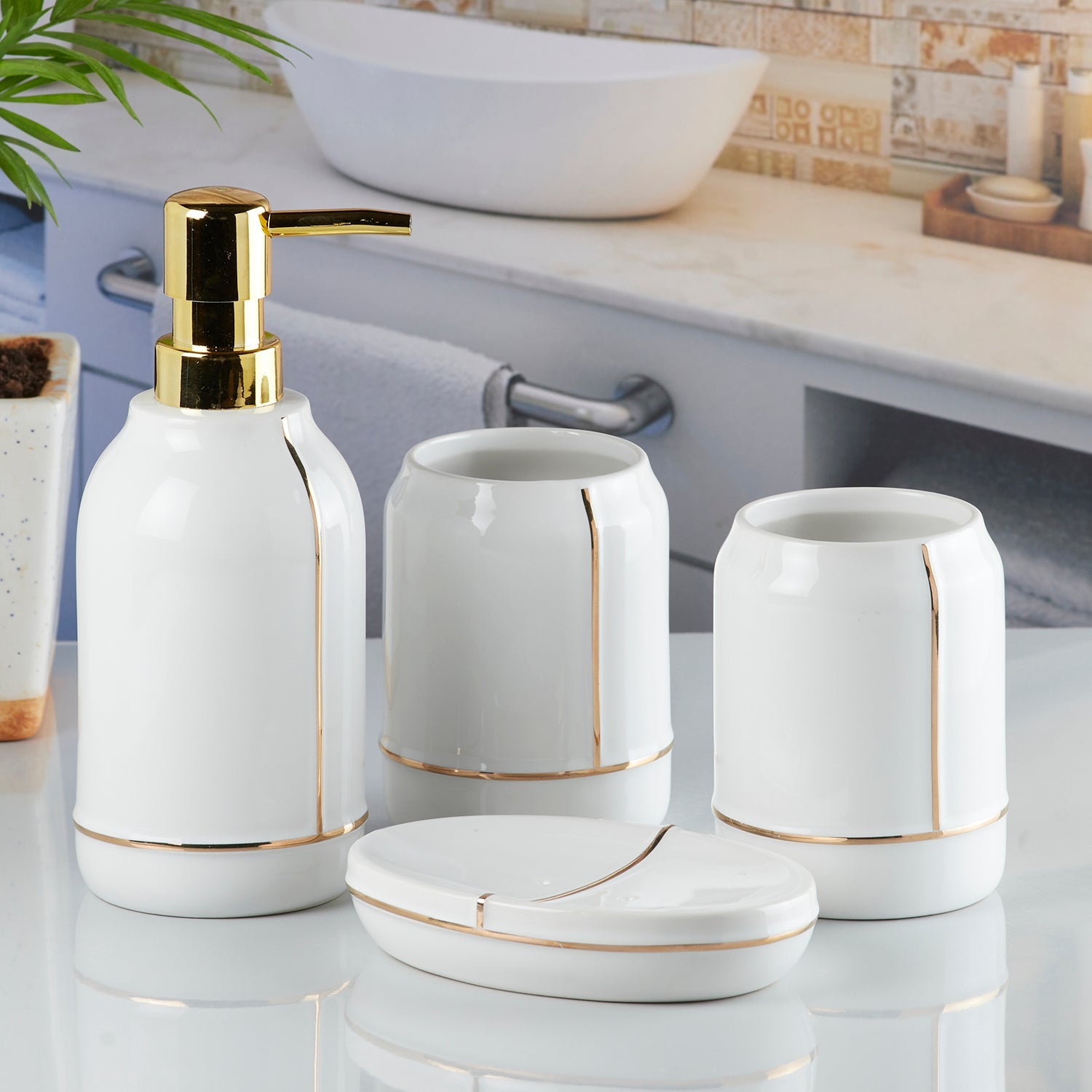 Ceramic Bathroom Accessories Set of 4 with Soap Dispenser (8487)