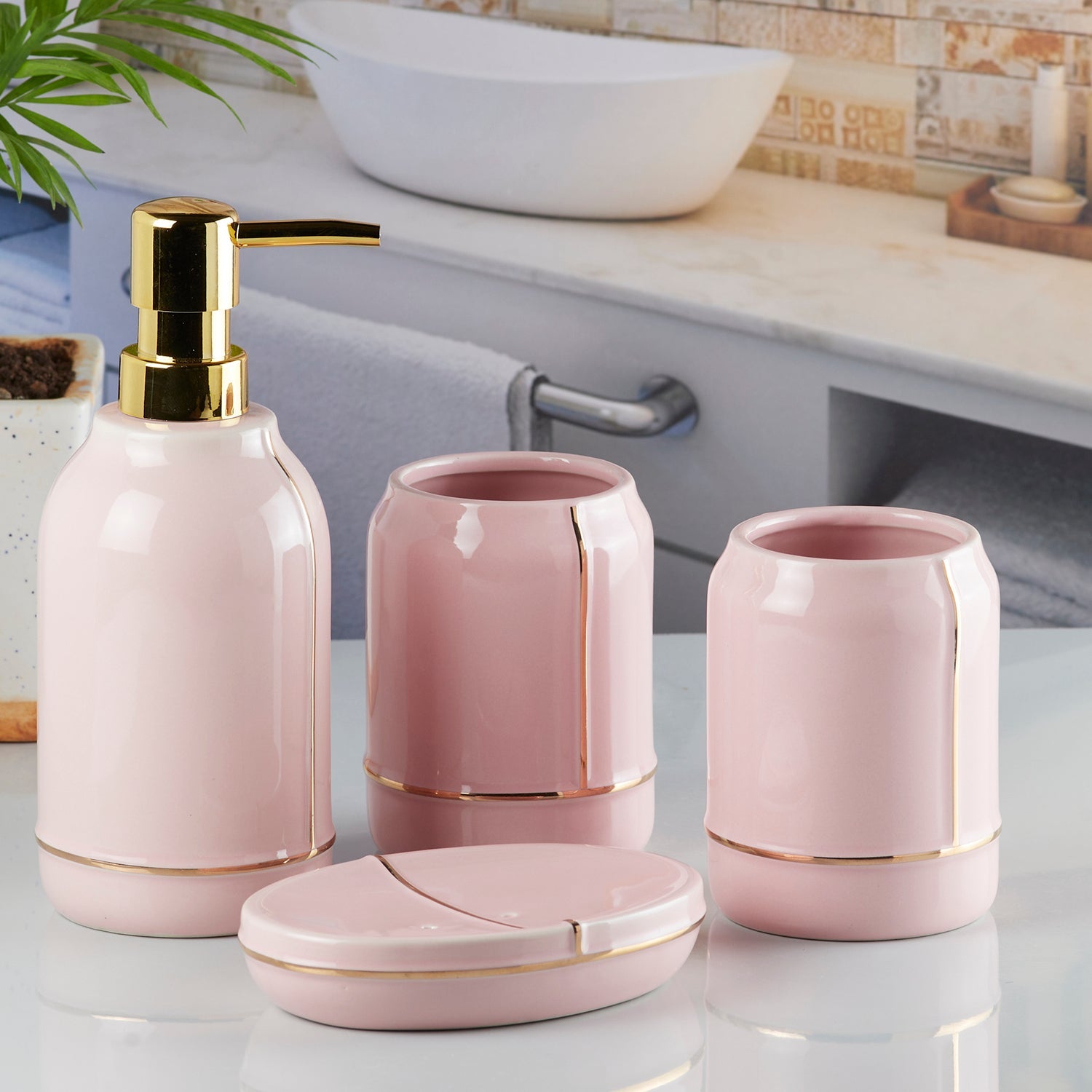 Ceramic Bathroom Accessories Set of 4 with Soap Dispenser (8487)
