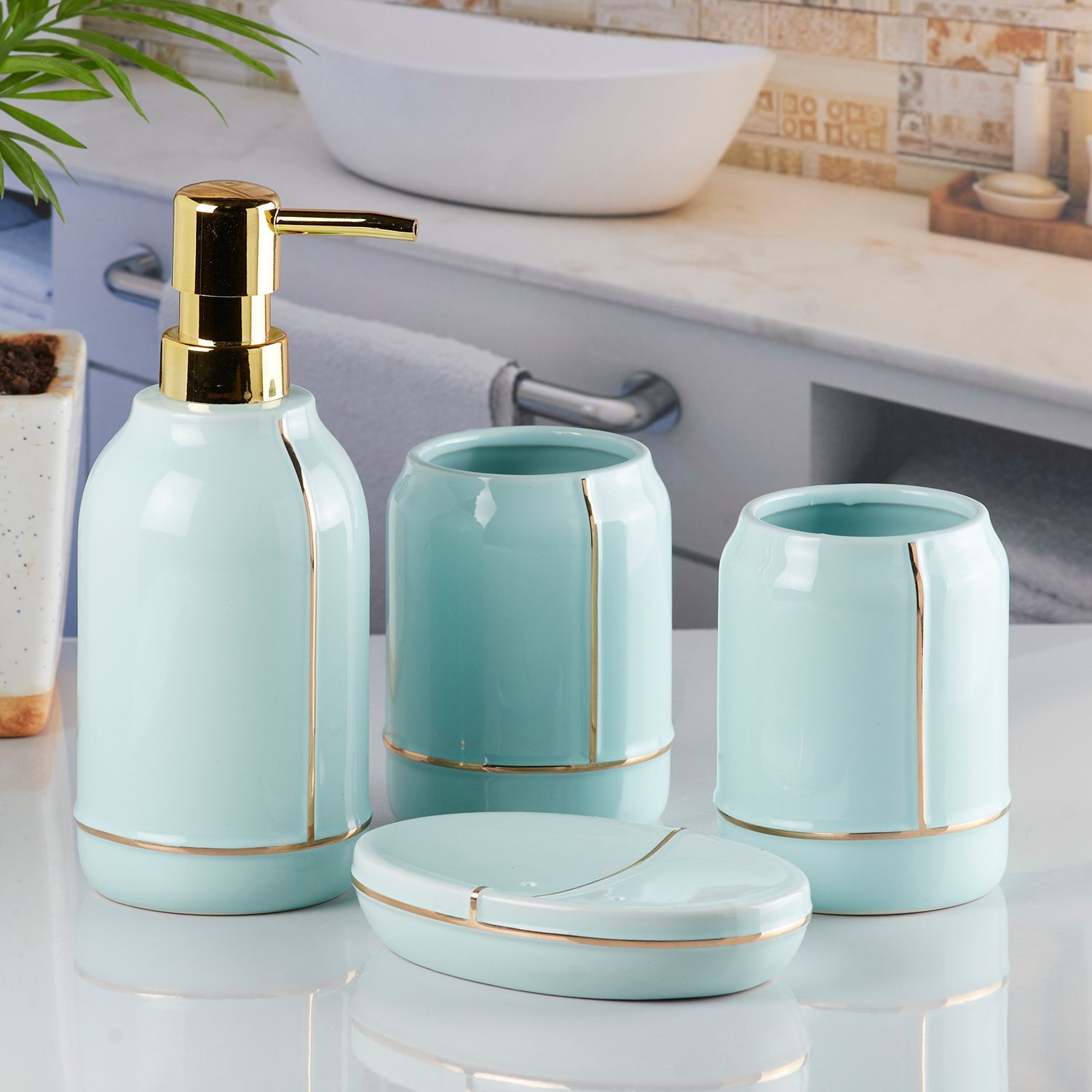 Ceramic Bathroom Accessories Set of 4 with Soap Dispenser (8487)