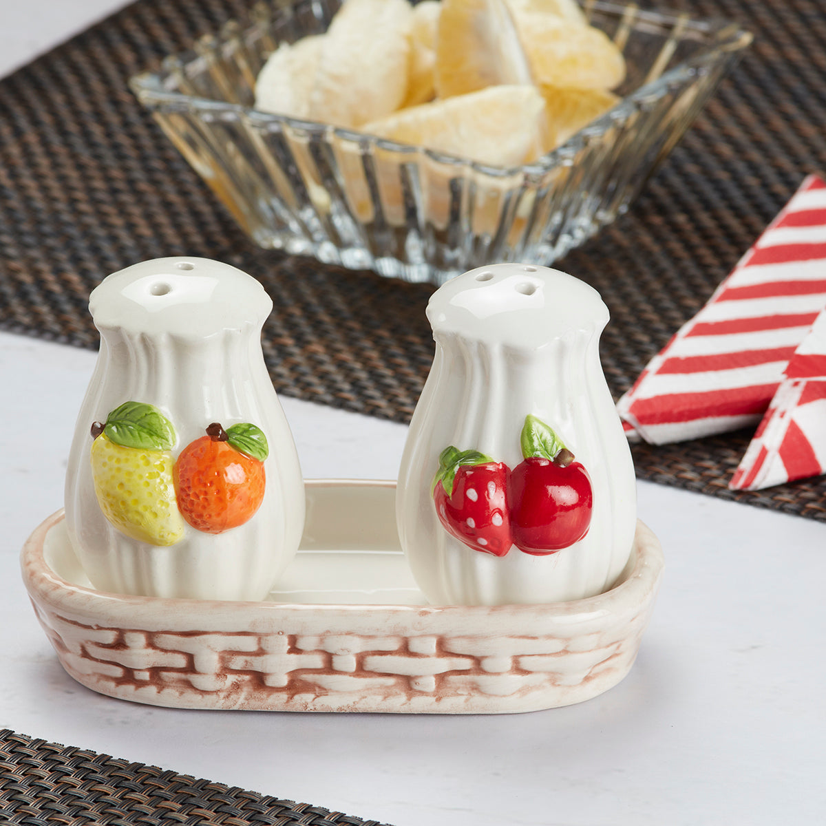 Ceramic Salt and Pepper Set with tray, Fruits Design, White