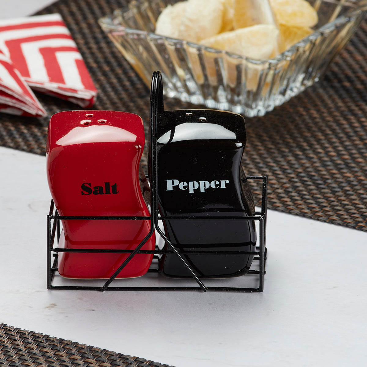 Kookee Ceramic Salt and Pepper Shakers Set with tray for Dining Table used as Namak Dhani, Shaker, Sprinkler, Spices Dispenser for Home, Kitchen and Restaurant, Red/Black (8533)