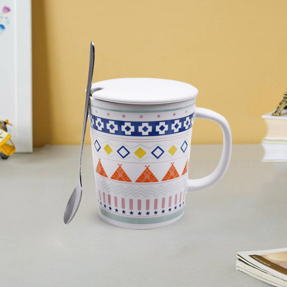 Fancy Ceramic Coffee or Tea Mug with Lid and Handle with Spoon (8538)