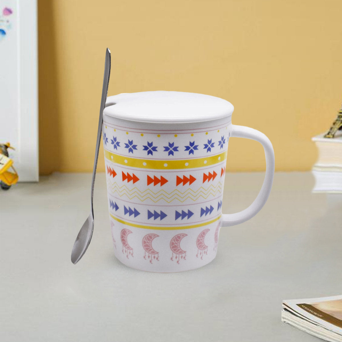 Kookee Fancy Ceramic Coffee or Tea Mug with Lid and Handle with Spoon (8537)