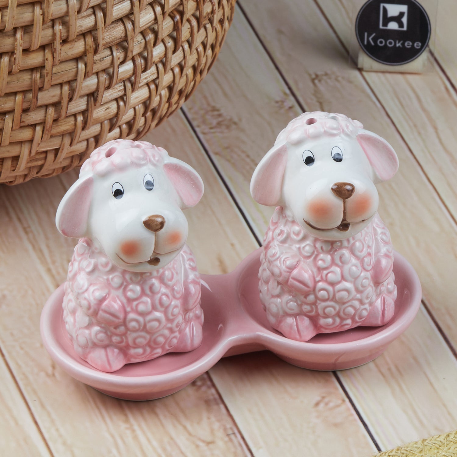 Ceramic Salt and Pepper Set with tray, Sheep Design, Pink (8561)