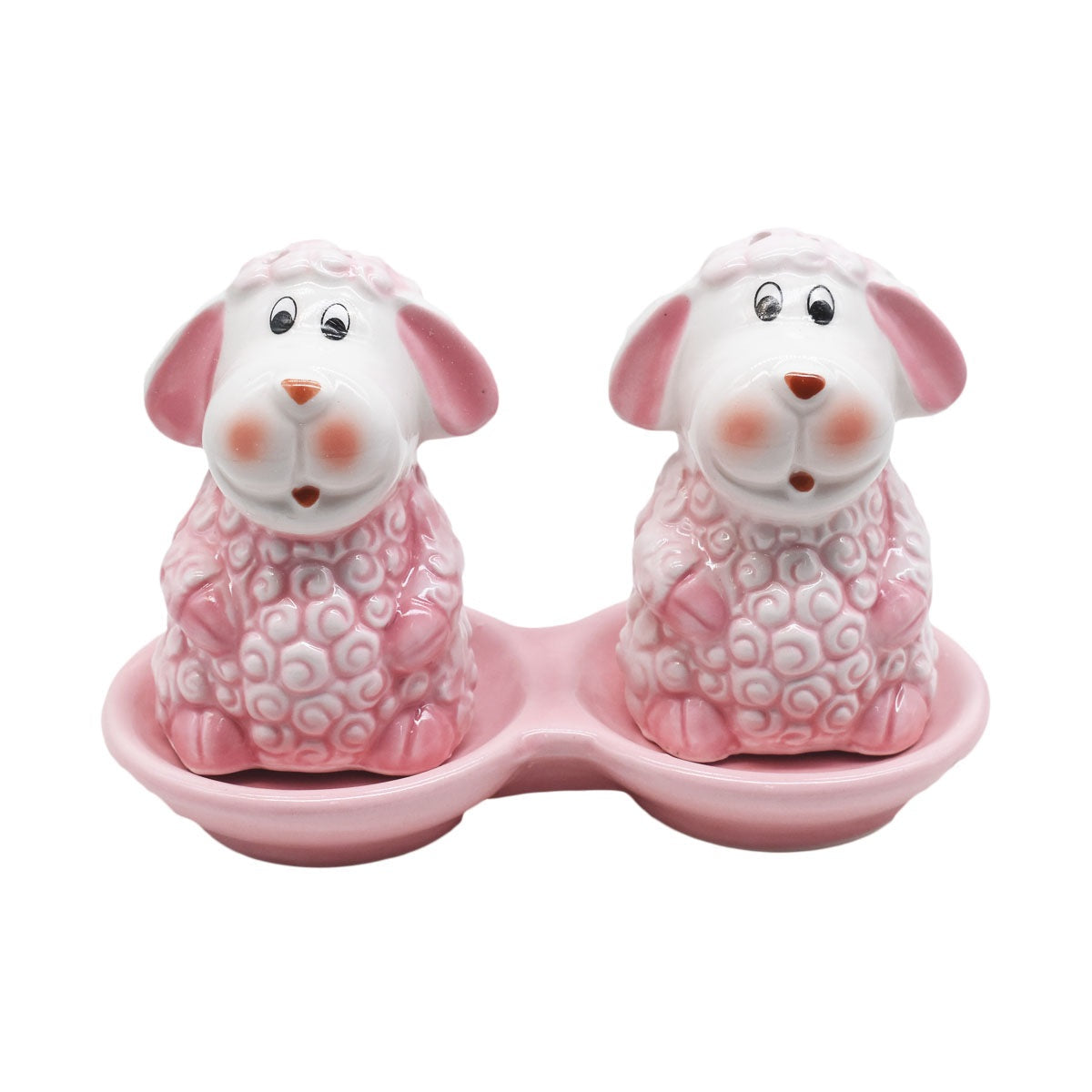 Ceramic Salt and Pepper Set with tray, Sheep Design, Purple (8564)