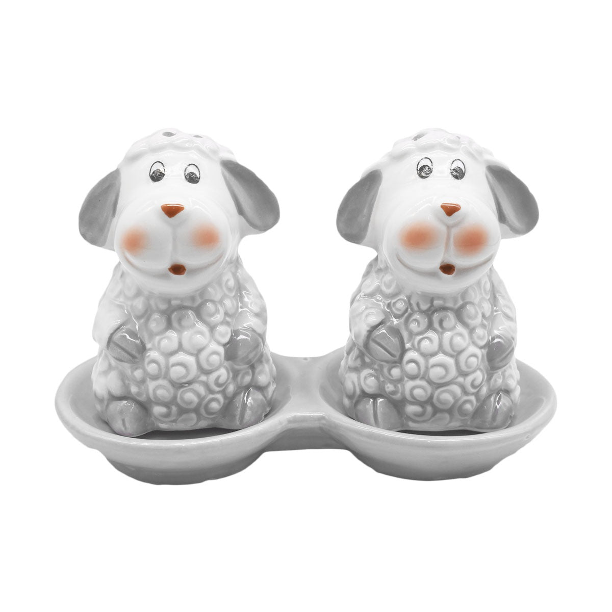 Kookee Ceramic Salt and Pepper Shakers Set with tray for Dining Table used as Namak Dhani, Shaker, Sprinkler, Spices Dispenser for Home, Kitchen and Restaurant, Sheep Design, Grey (8563)
