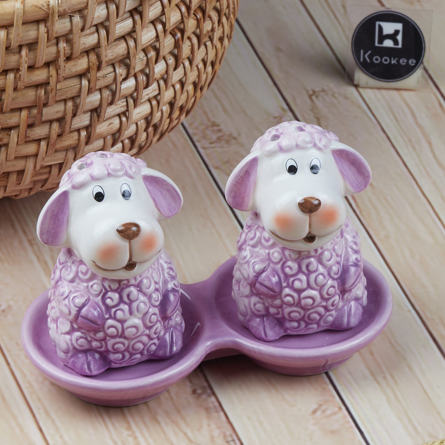 Ceramic Salt and Pepper Set with tray, Sheep Design, Pink (8561)