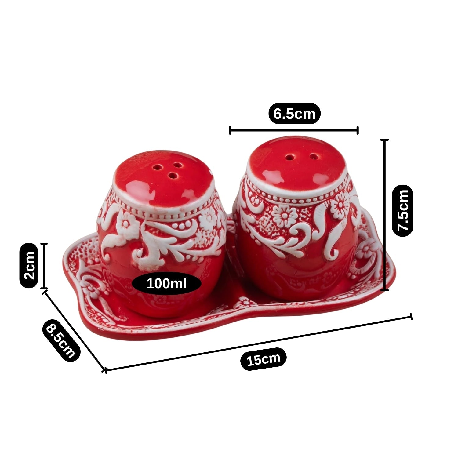 Ceramic Salt and Pepper Set with tray, Floral Design, Red White (8565)
