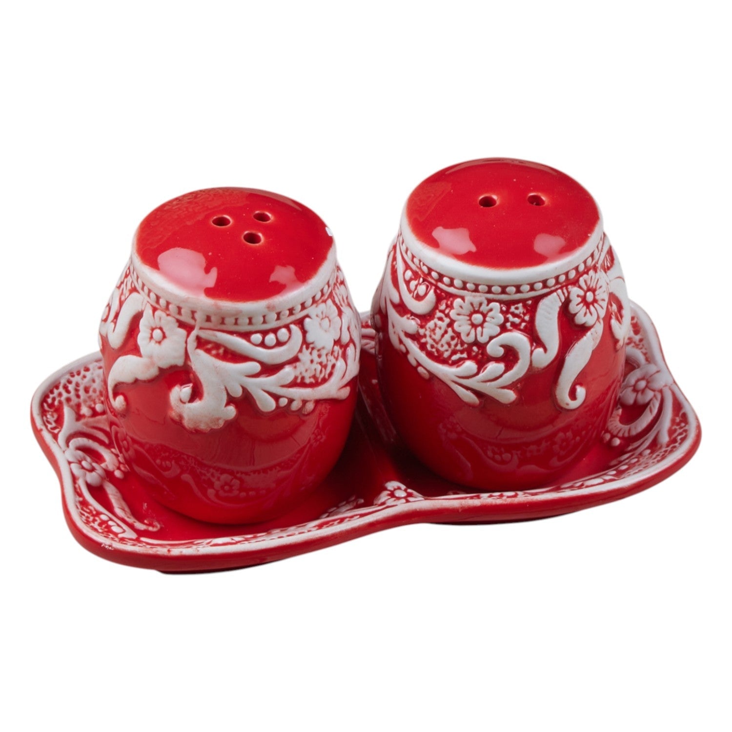 Ceramic Salt and Pepper Set with tray, Floral Design, Red White (8565)