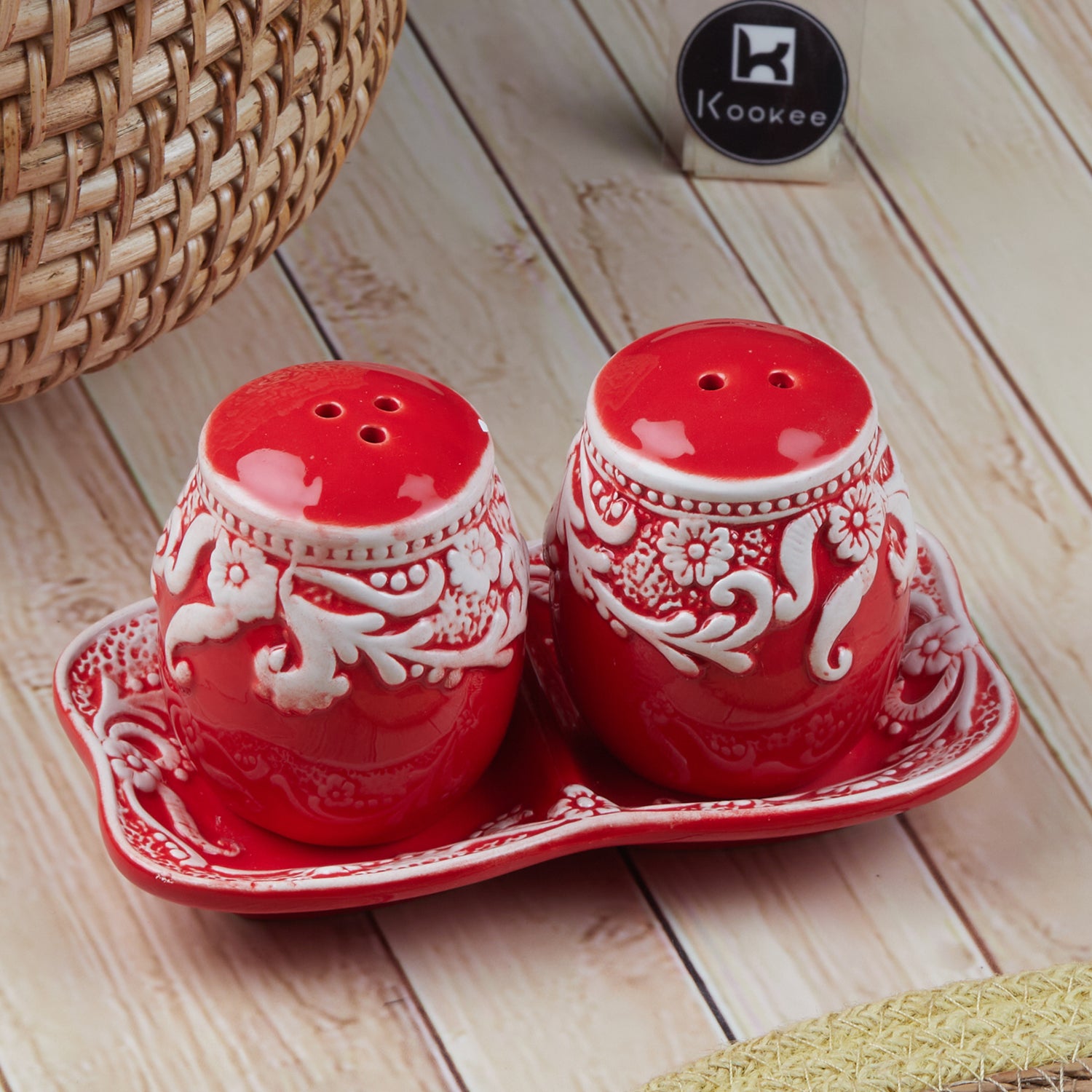 Ceramic Salt and Pepper Set with tray, Floral Design, Red White (8565)