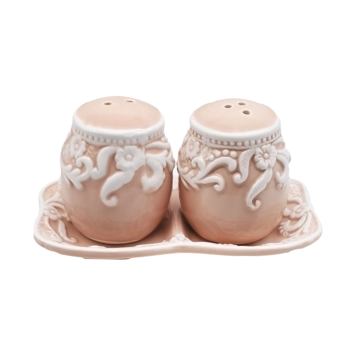 Ceramic Salt and Pepper Set with tray, Floral Design, Peach White (8566)