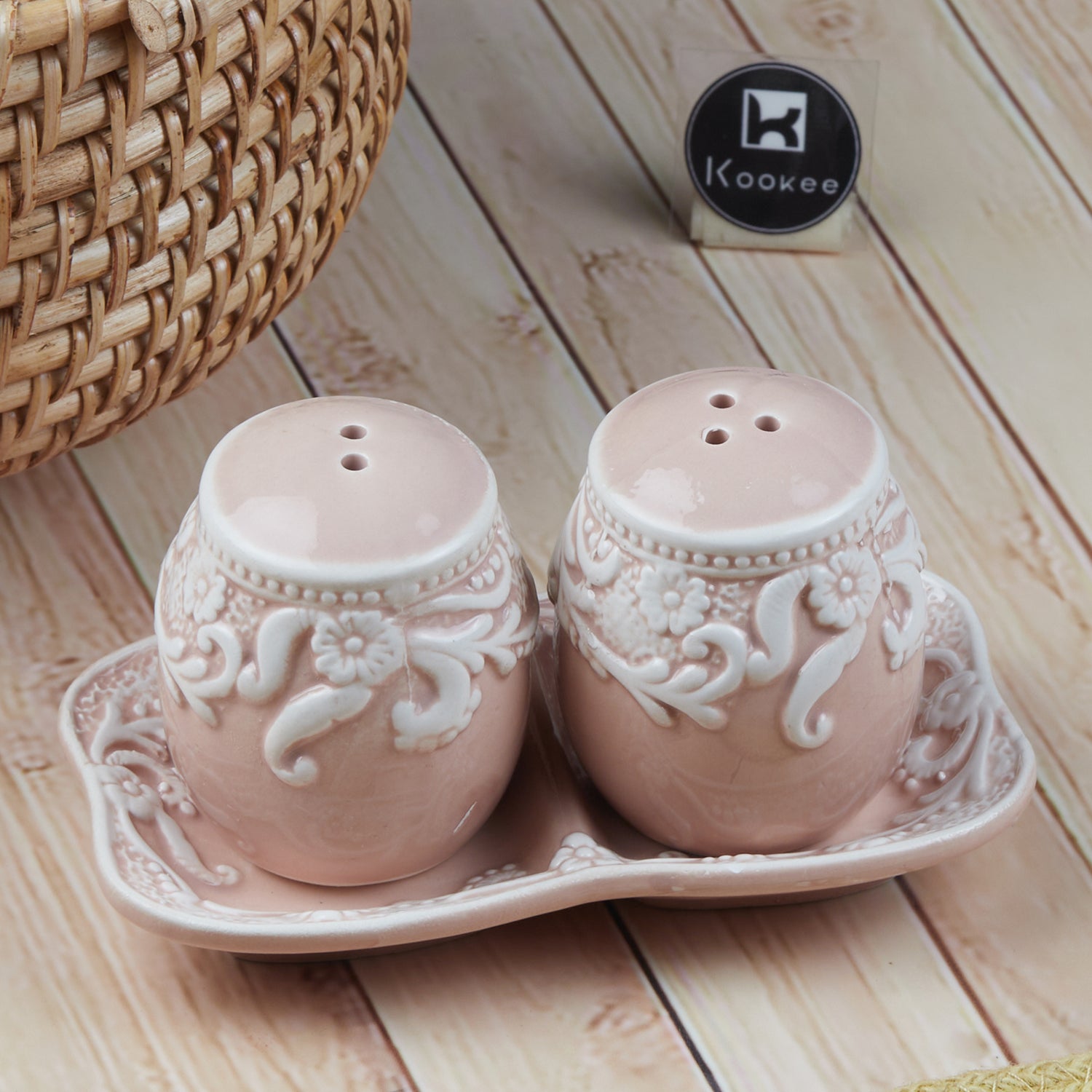 Ceramic Salt and Pepper Set with tray, Floral Design, Peach White (8566)