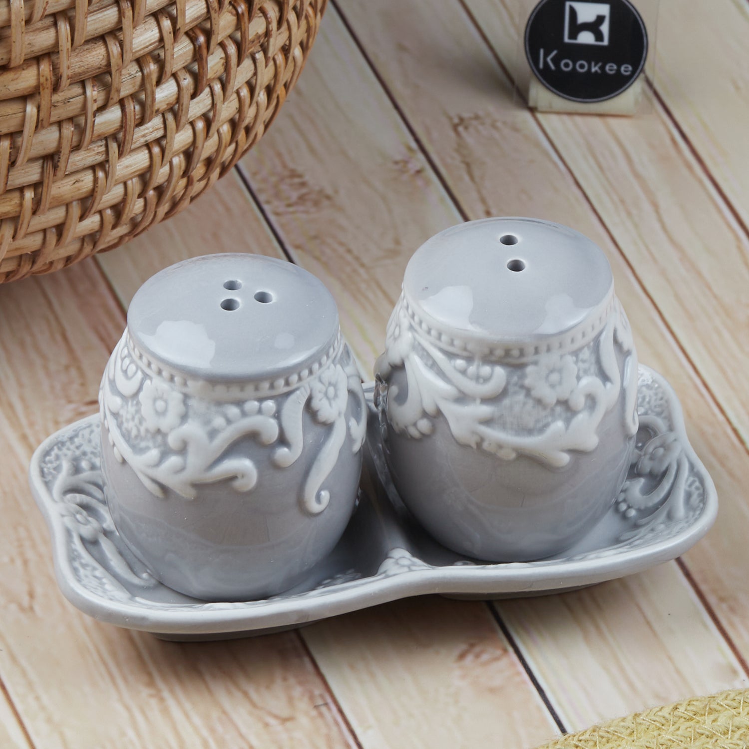 Ceramic Salt and Pepper Set with tray, Floral Design, Grey White (8567)