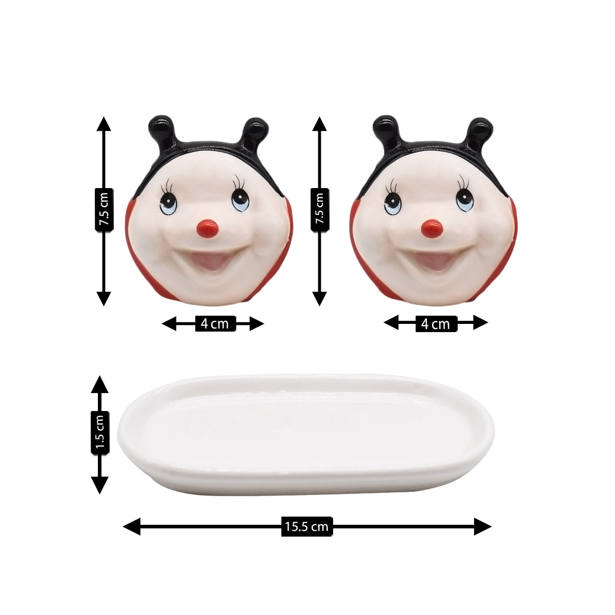 Ceramic Salt and Pepper Set with tray, Lady Bug Design, Red Black (V-SALT-009-1)