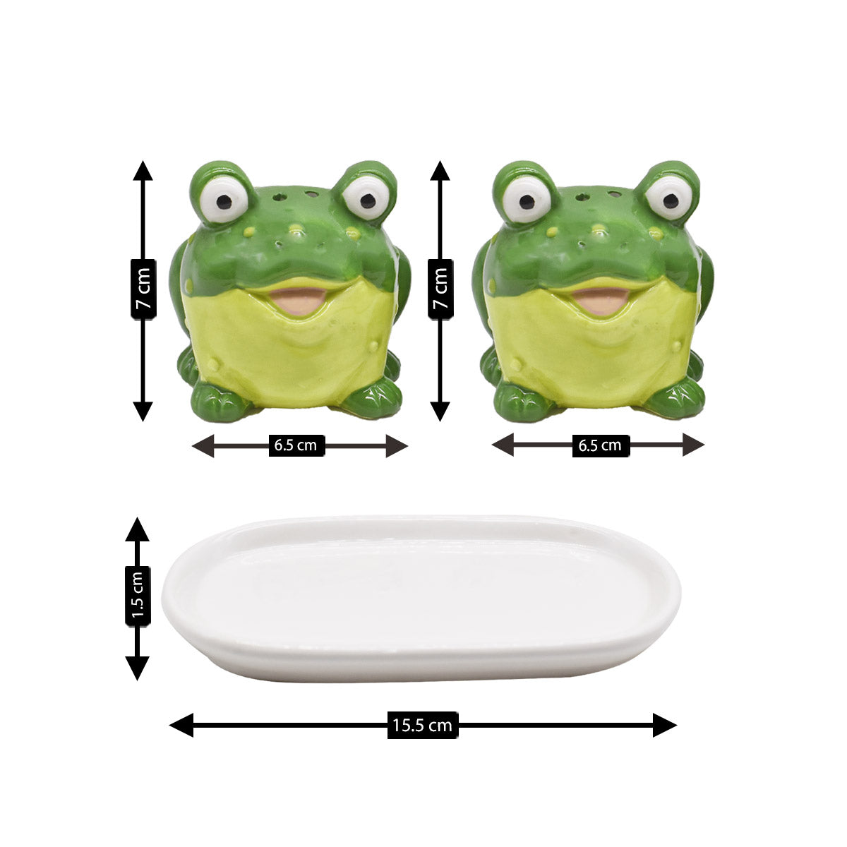 Ceramic Salt and Pepper Set with tray, Frog Design, Green (V-SALT-009-1)