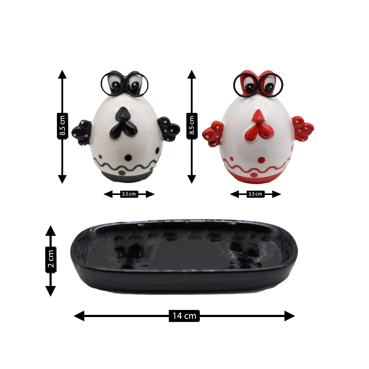 Ceramic Salt and Pepper Set with tray, Egg Design, Black Red (8571)