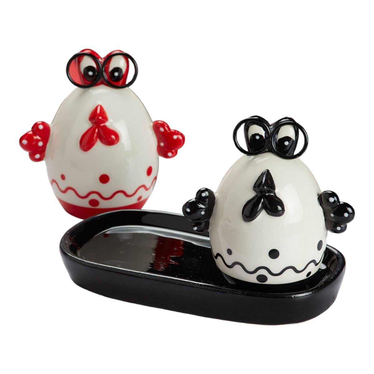 Ceramic Salt and Pepper Set with tray, Egg Design, Black Red (V-SALT-009-1)