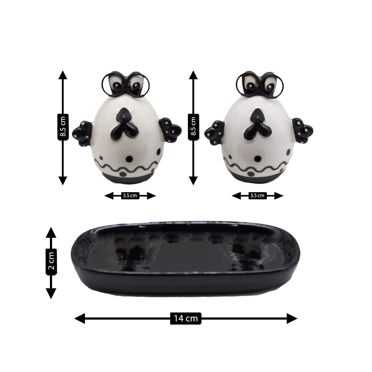 Ceramic Salt and Pepper Set with tray, Egg Design, Black (8572)