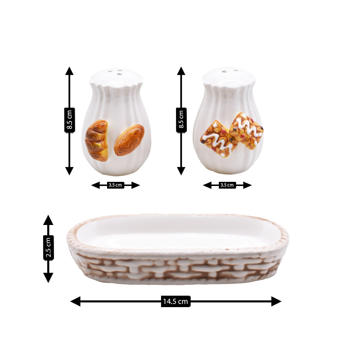 Ceramic Salt and Pepper Set with tray, Cookies Design, White (8574)