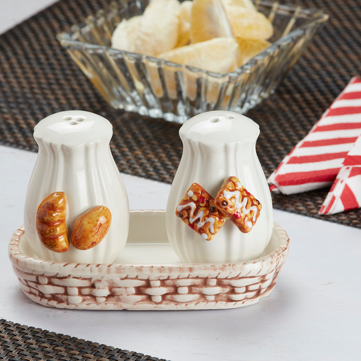 Ceramic Salt and Pepper Set with tray, Fruits Design, White