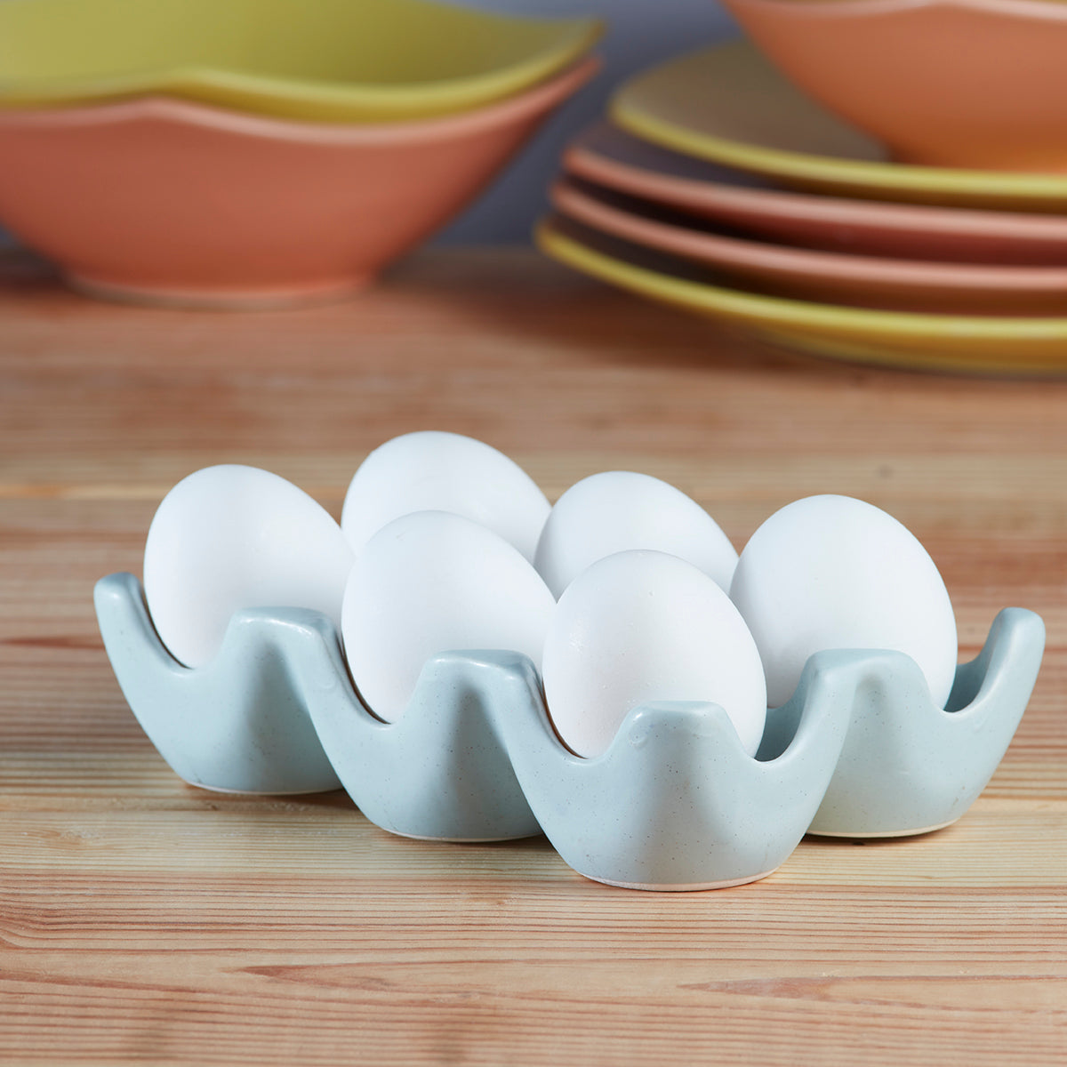 Ceramic 6 Egg Tray / Crate for countertop Refrigerator, Light Blue