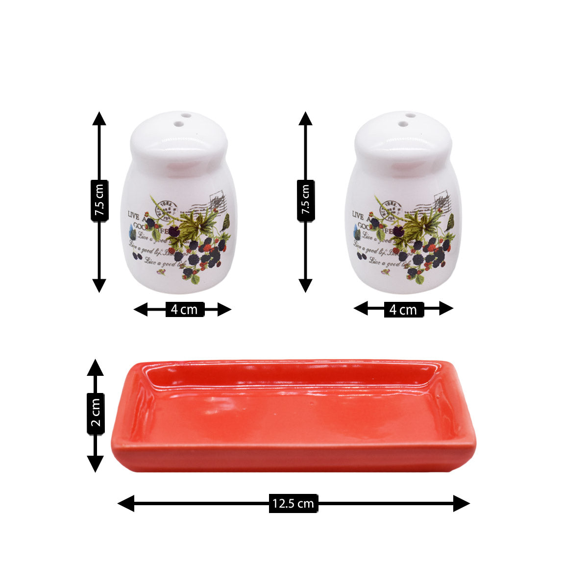 Ceramic Salt and Pepper Set with tray, Printed Design, White (8590)