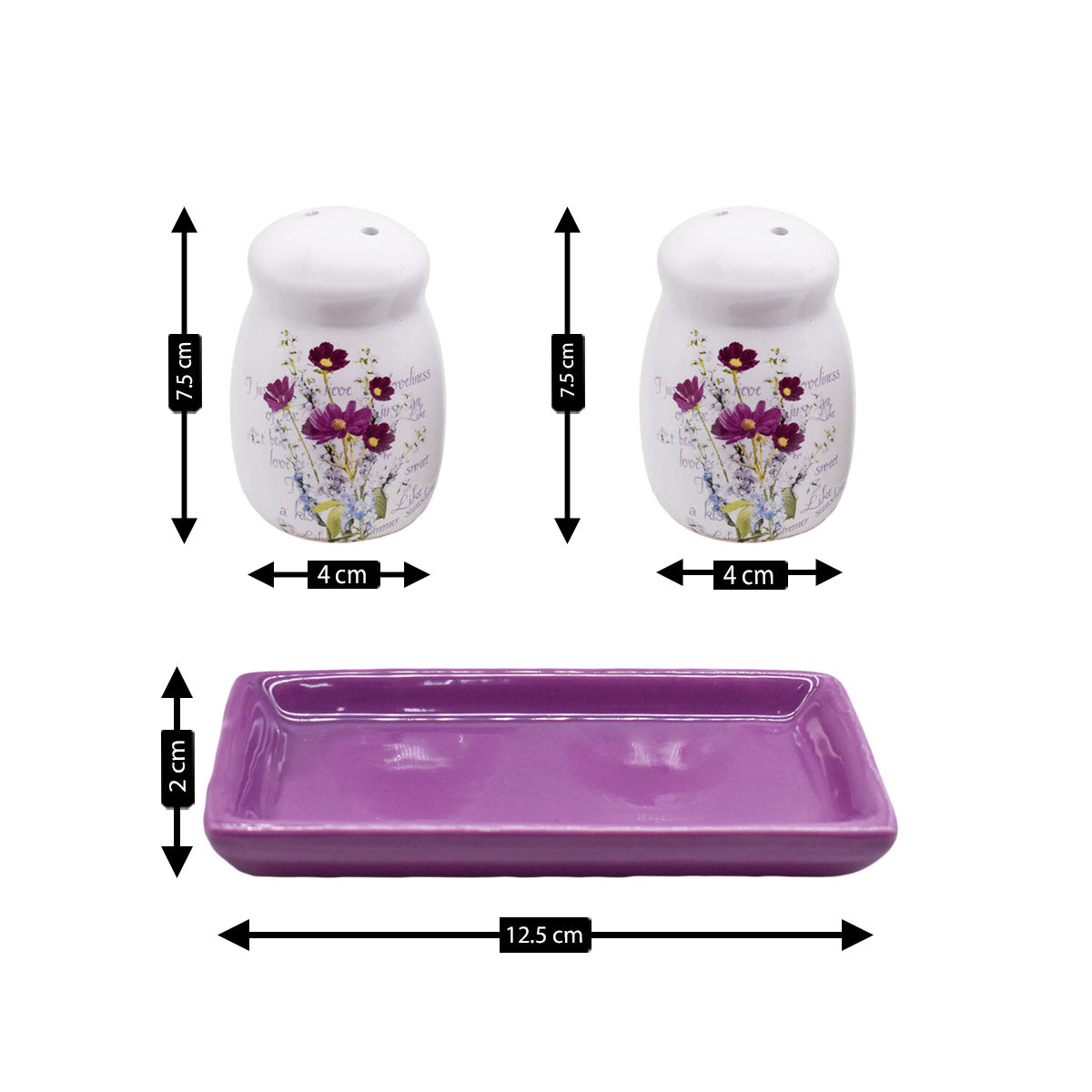 Ceramic Salt and Pepper Set with tray, Printed Design, White (8594)