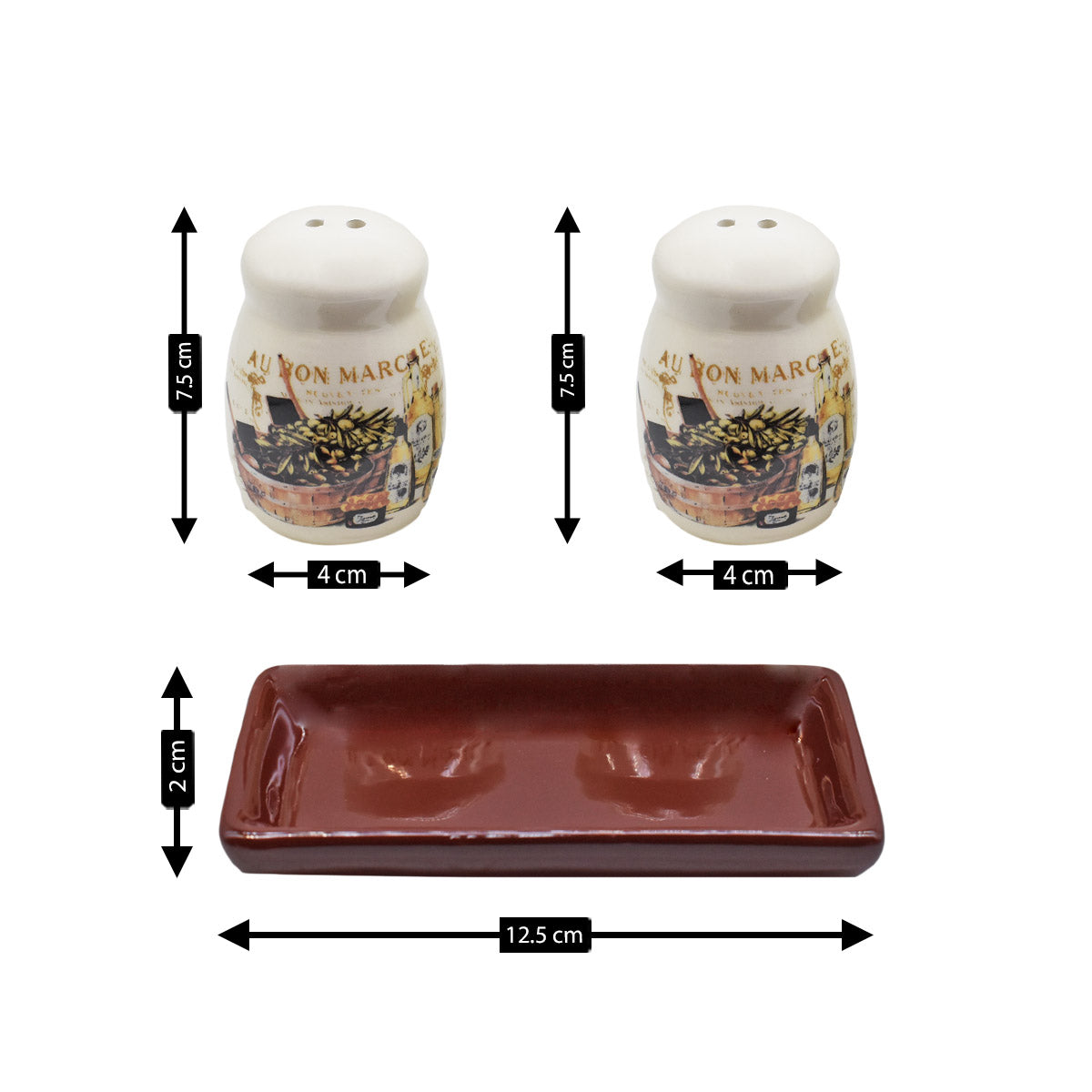 Ceramic Salt and Pepper Set with tray, Printed Design, White (8593)