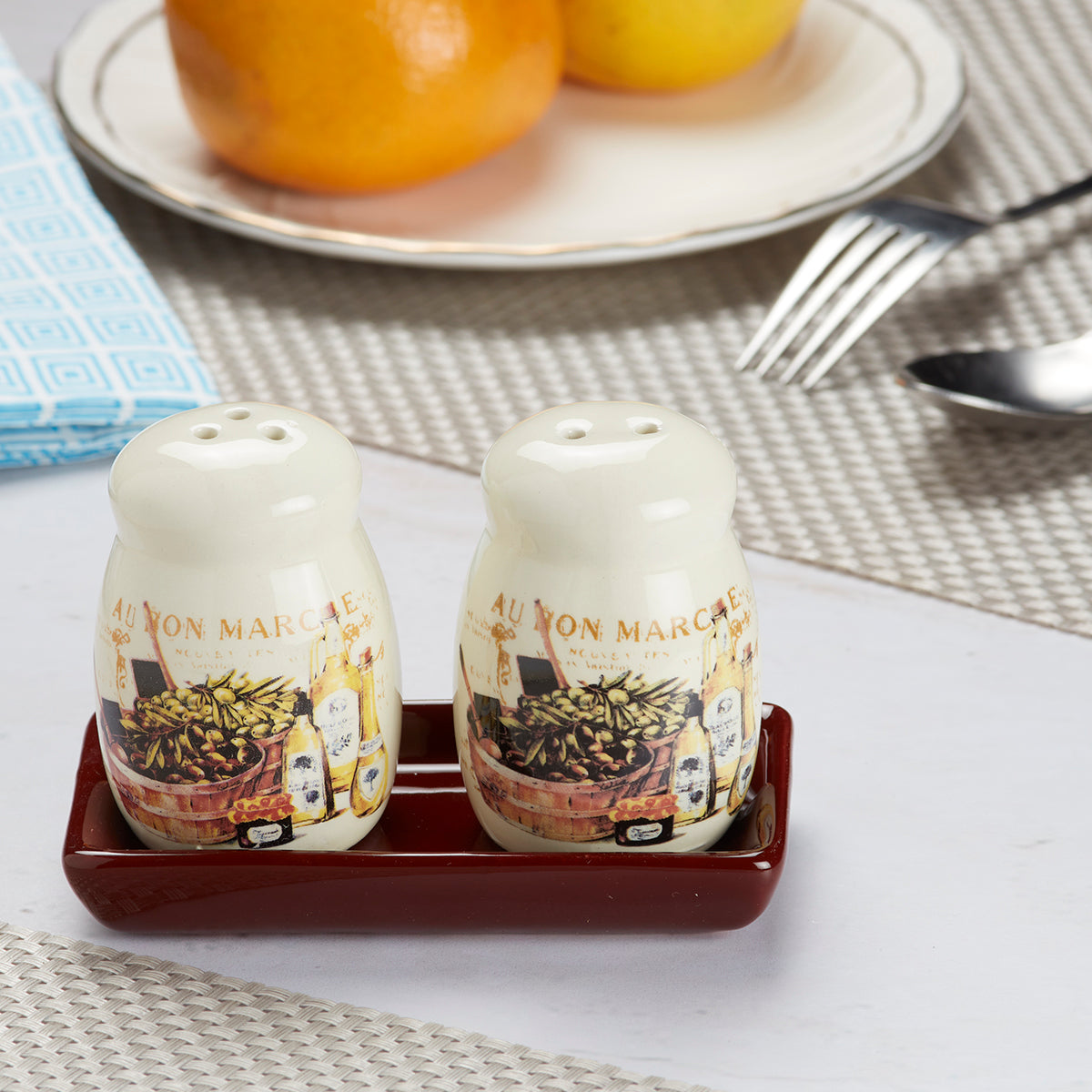 Ceramic Salt and Pepper Set with tray, Printed Design, White (8590)