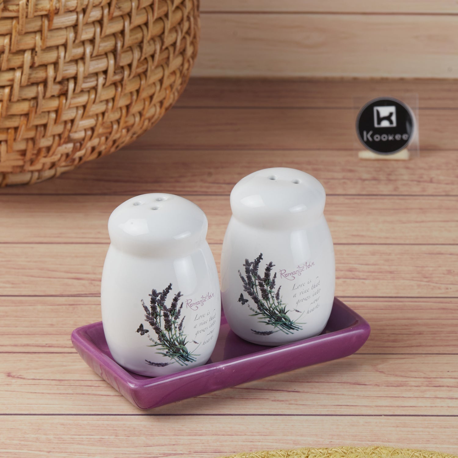 Ceramic Salt and Pepper Set with tray, Printed Design, White (8590)