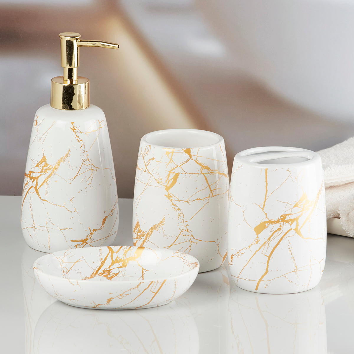 Ceramic Bathroom Accessories Set of 4 Bath Set with Soap Dispenser (8063)