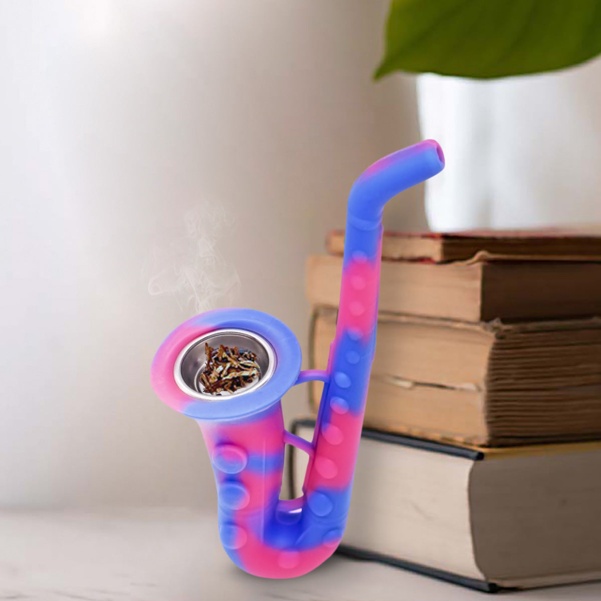 Kookee Silicone Unbreakable Saxophone Smoking Pipe, Tobacco Pipes with Steel Bowl, Blue and Pink