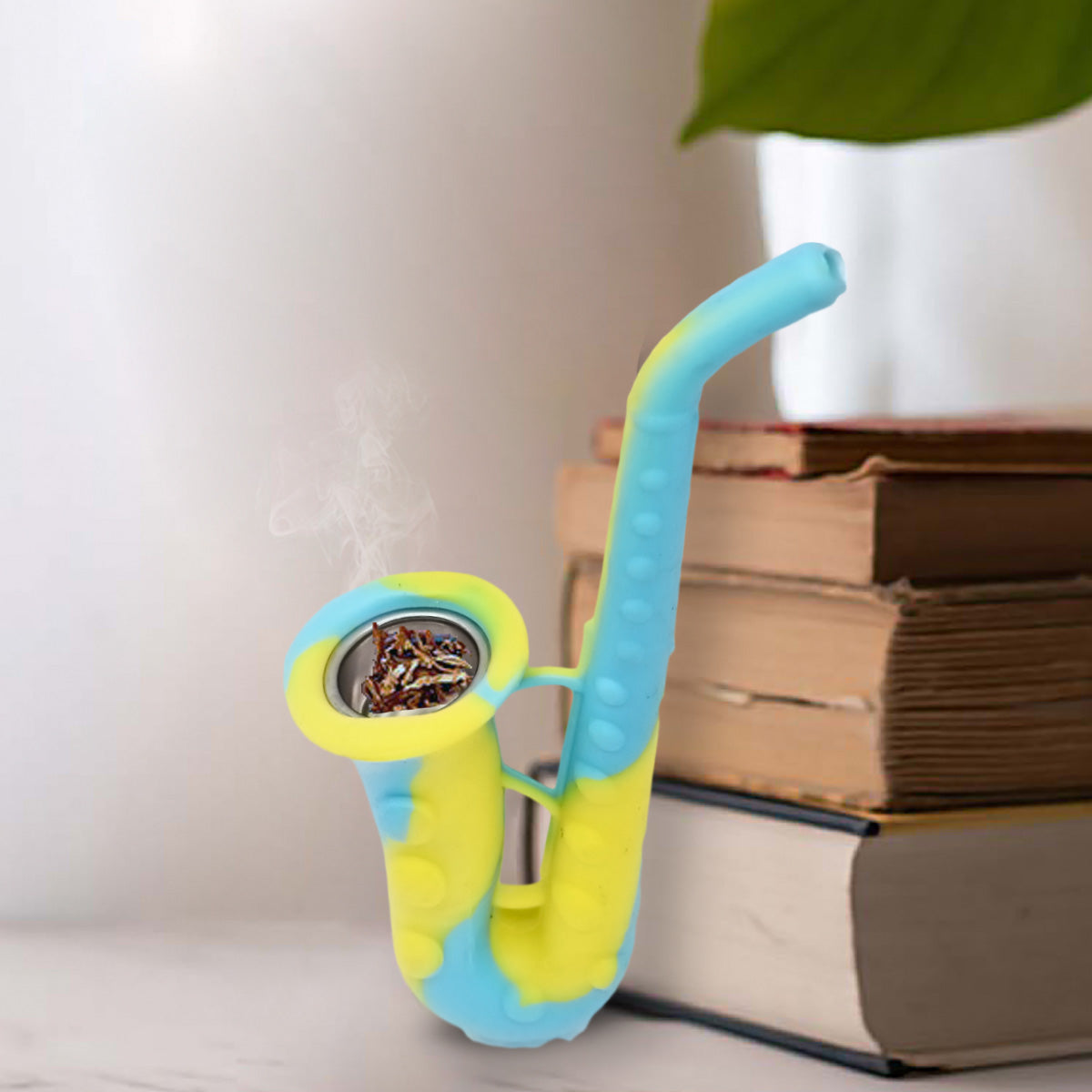 Kookee Silicone Unbreakable Saxophone Smoking Pipe, Tobacco Pipes with Steel Bowl, Blue and Yellow