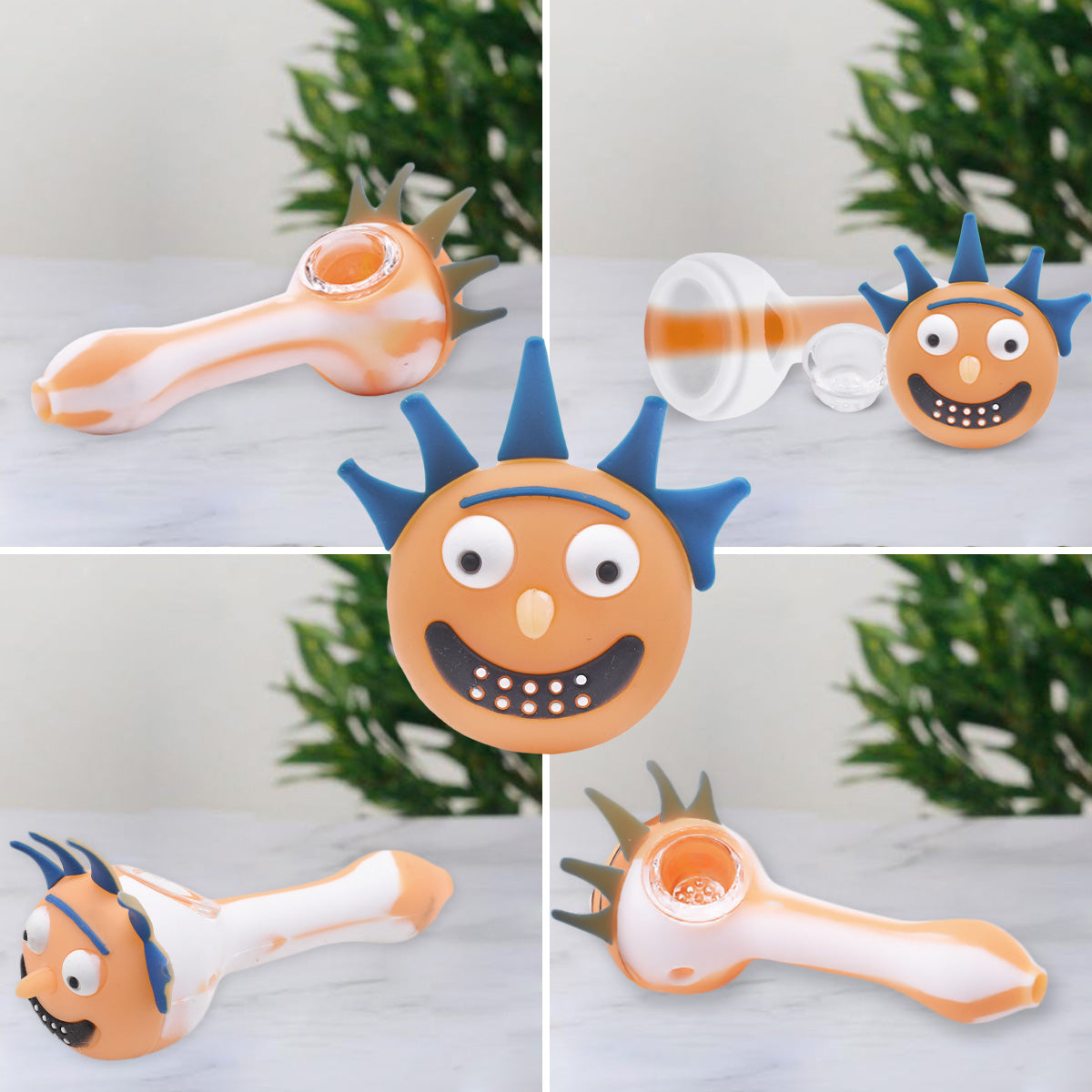 Silicone Smoking Pipe, Unbreakable with Glass Bowl, Rick Morty, White Orange