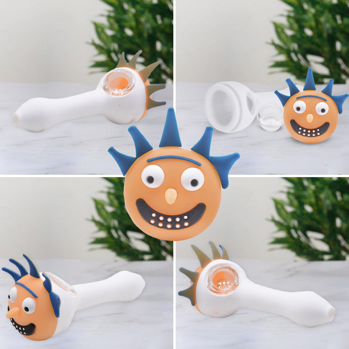 Silicone Smoking Pipe, Unbreakable with Glass Bowl, Rick Morty, White Orange